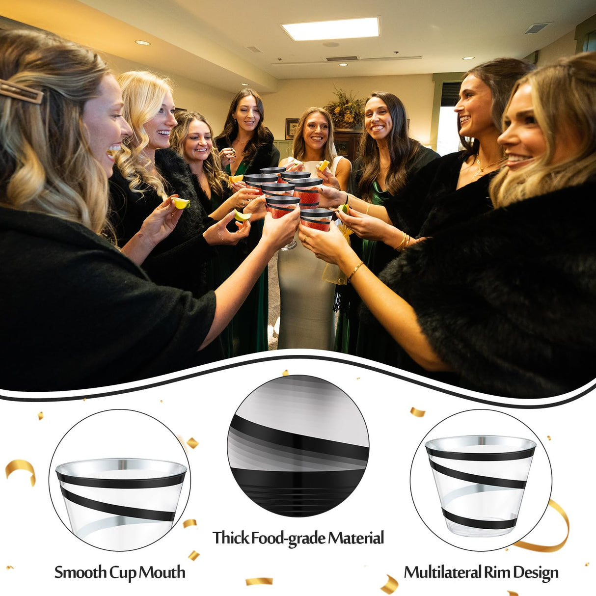 Gejoy 9 oz Rimmed Swirl Plastic Cups Disposable Wine Drinking Cups Clear Elegant Halloween Tumblers for Christmas Party Supplies(Black,100 Pcs)