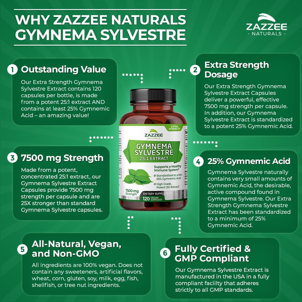 Zazzee Organic Gymnema Sylvestre 25:1 Extract, 7500 mg Strength, 25% Gymnemic Acid, 120 Vegan Capsules, 4 Month Supply, Standardized and Concentrated 25X Extract, All-Natural and Non-GMO