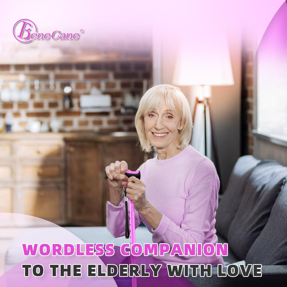 BeneCane Walking Cane for Men & Women Walking Stick for Seniors Folding Canes Quad Cane Adjustable Lightweight Sturdy Collapsible Heavy Duty with Soft TPR T-Handle and Travel Bag