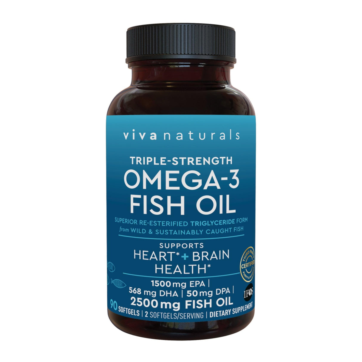 Viva Naturals Omega 3 Fish Oil Supplement for Women and Men - 2500 mg Triple Strength Fish Oil Pills with Re-Esterified Omega 3 Fatty Acids Including EPA, DHA DPA - 90 Pescatarian-Friendly Softgels