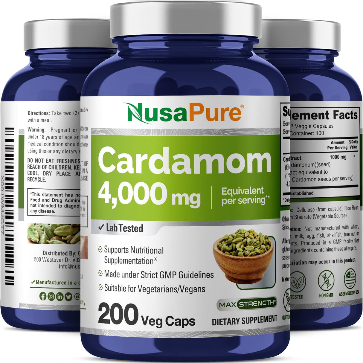 NusaPure Cardamom 4:1 Extract, 1000 mg Equivalent to 4,000mg 200 Vegetarian Capsules (Non-GMO, Vegan)