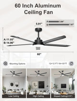 Ohniyou 60'' Ceiling Fan with Lights, Industrial Ceiling Fan with 5 Aluminum Blades, App/Remote Controlled, Dimmable, for Outdoor Patio, Garage, Black