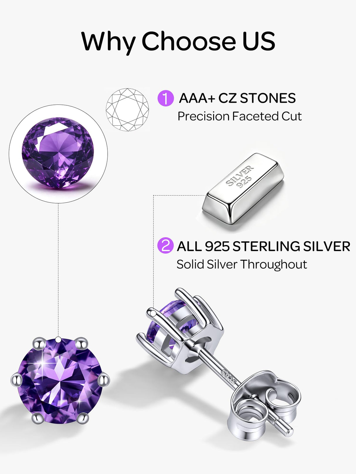 ChicSilver February Birthstone Earrings for Women 925 Sterling Silver Small Round Amethyst Stud Earrings Hypoallergenic