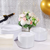 bUCLA 100Pieces Silver Plastic Plates - 6.25inch White with Silver Rim Disposable Salad/Dessert/Appetizer/Small Cake Plates for Weddings, Christmas, Parties&Gathering