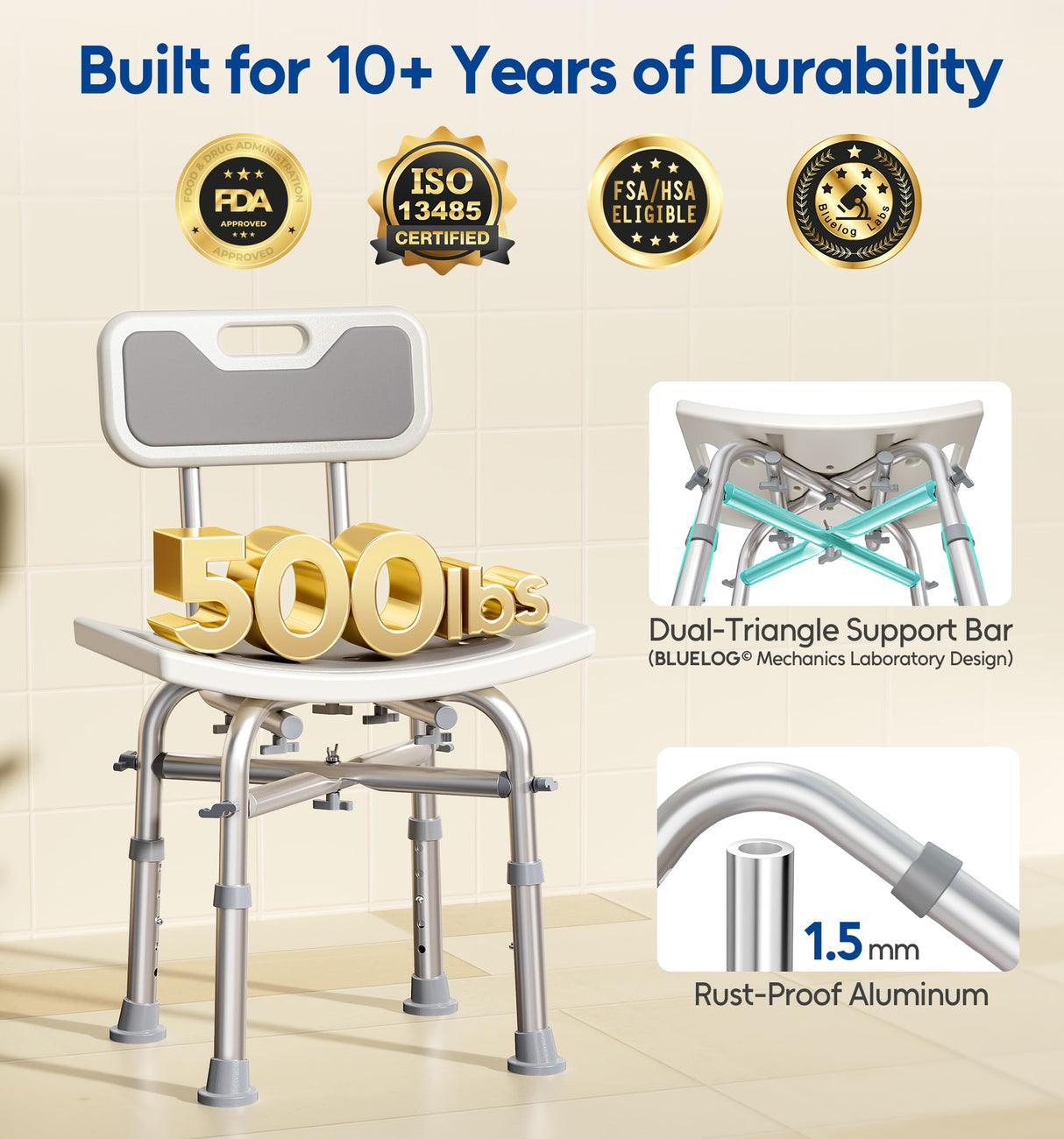 Bluelog Shower Chair with Back for Elderly and Disabled, Shower Seat Bench Stool, Adjustable Height, 500 lbs Capacity, FSA/HSA Eligible, Rectangular