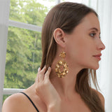Hpoewre Gold Statement Dangle Earrings, 18K Gold Plated Hollow Out Earrings for Women, Long Dangling Bohemian Earrings, Handmade Trendy Geometric Round or Heart Drop Fish Hook Earring