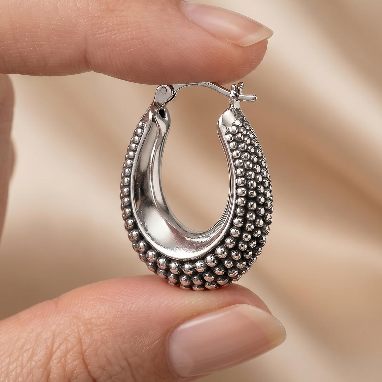 LeCalla 925 Sterling Silver Caviar Hoop Earrings Medium Oval Antique Oxidized Lightweight Click-Top Beaded Hoops for Women - 27MM