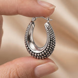 LeCalla 925 Sterling Silver Caviar Hoop Earrings Medium Oval Antique Oxidized Lightweight Click-Top Beaded Hoops for Women - 27MM