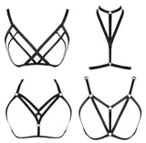 FIBO STEEL 4 PCS Black Strappy Cage Bra Sexy Bra Harness for Women