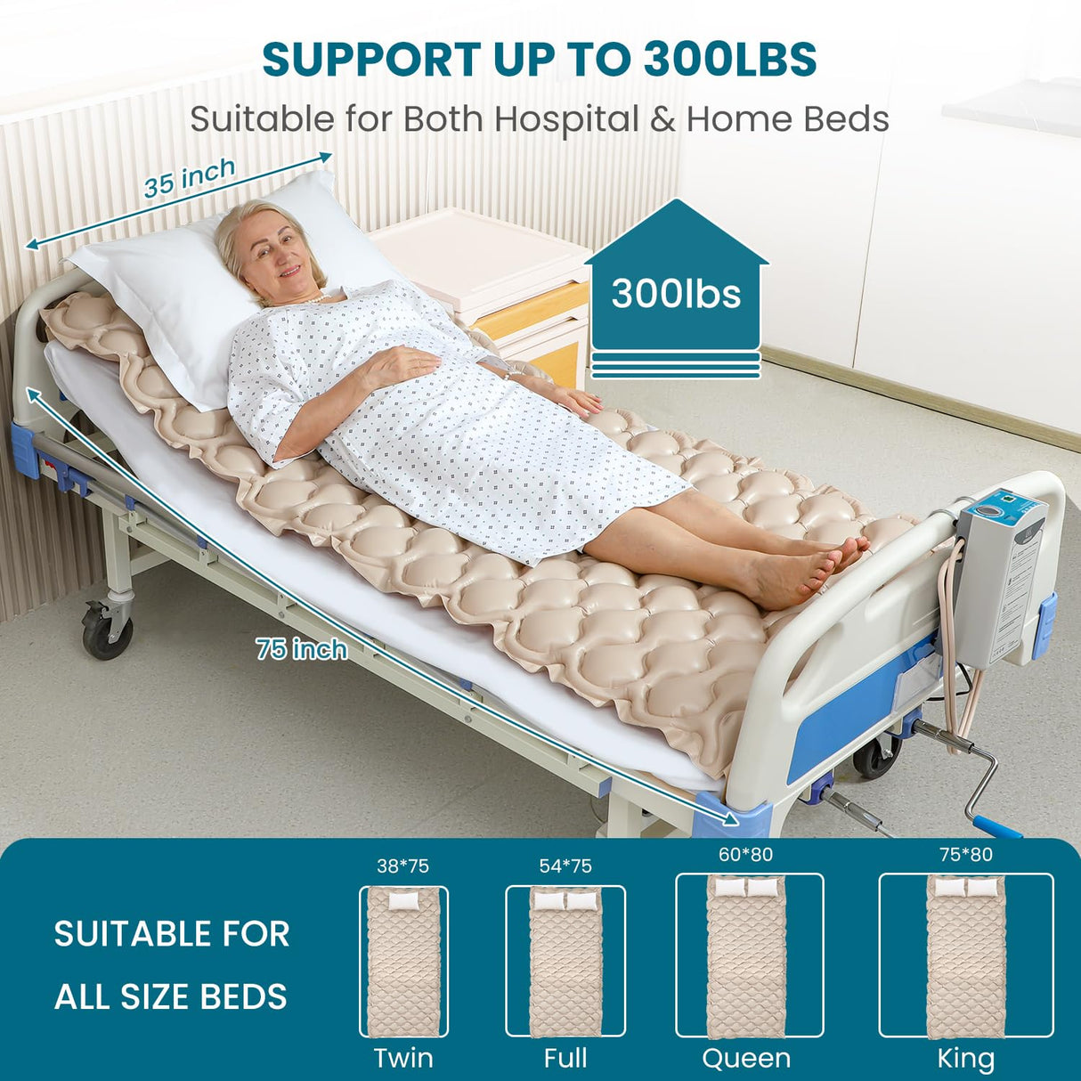 Alternating Air Pressure Mattress Pad, Bed Sore Prevention, Hospital Bed Mattress Topper with Whisper Quiet Pump & Waterproof, Heat Resistant Ulcer Cushion Pad for Hospital, Home, Medical Use