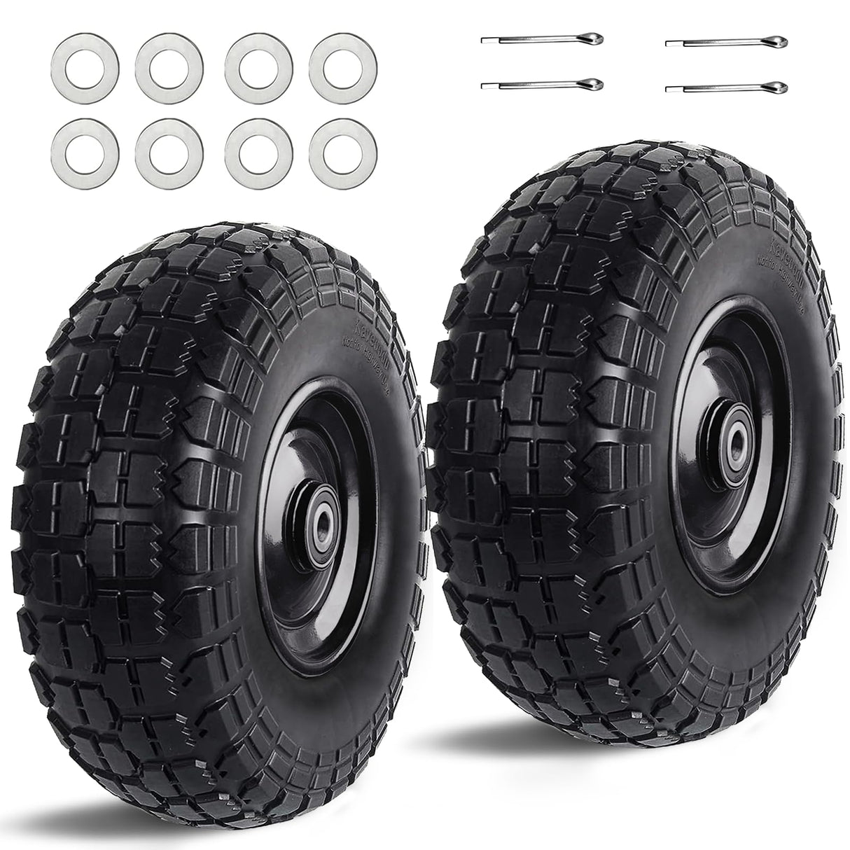 Kavedodu 12'' Flat Free Tires Rubber Replacement Solid Tire and Wheel Assemblies for Hand Trucks Garden Cart Wheelbarrow - 3.5”Wide Polyurethane Tires 2.1 Hub with 5/8 Inch Axle Borehole (410/350-6)