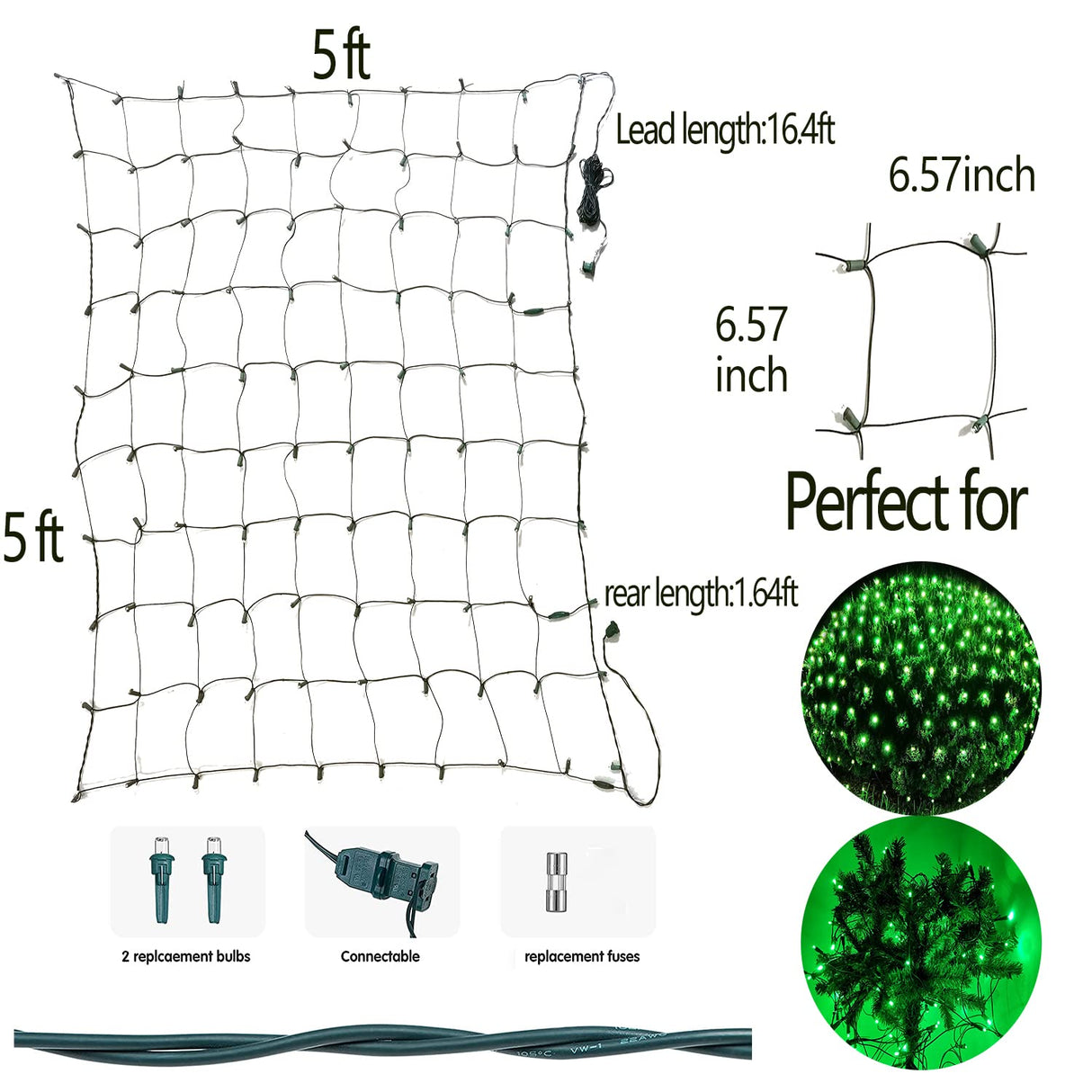 HISHINY Christmas Net Lights Outdoor, 5ftx5ft 100LED Green Wire, Connectable Bush Mesh Net Lights String for Christmas,St Patricks Party,Shrub,Yard,Tree (Green)