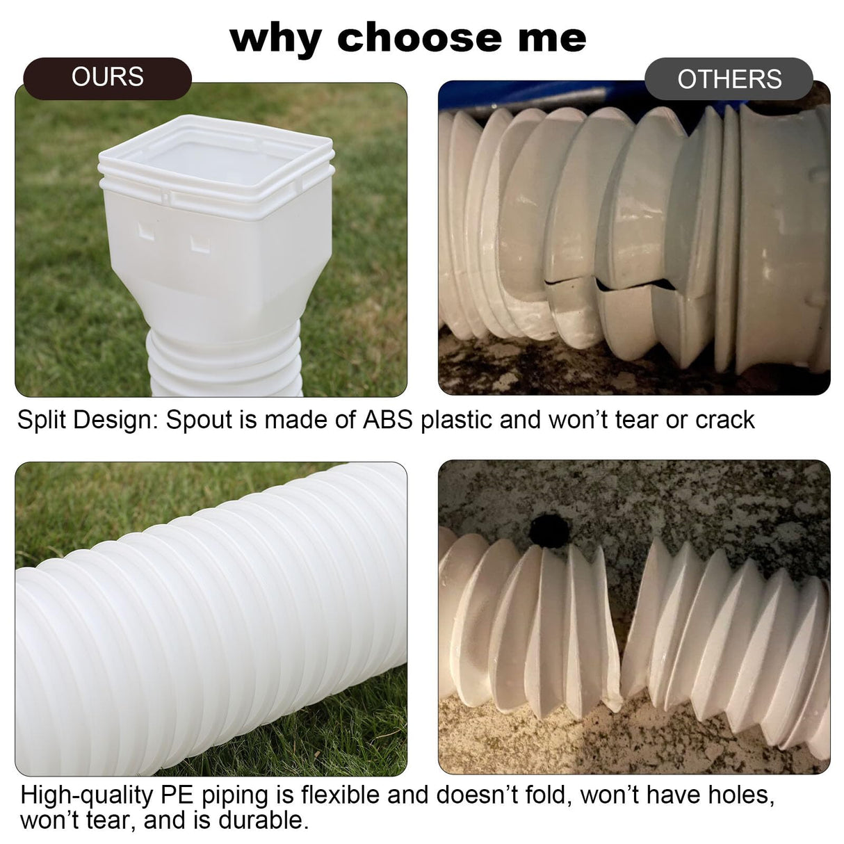 plusgutter 2 Pack Rain Gutter Downspout Extensions, Flexible Downspout Extender with 58"+68" Extendable Pipes for Rain Water Drainage, Durable Down Spout Drain Extension with Connector (White)