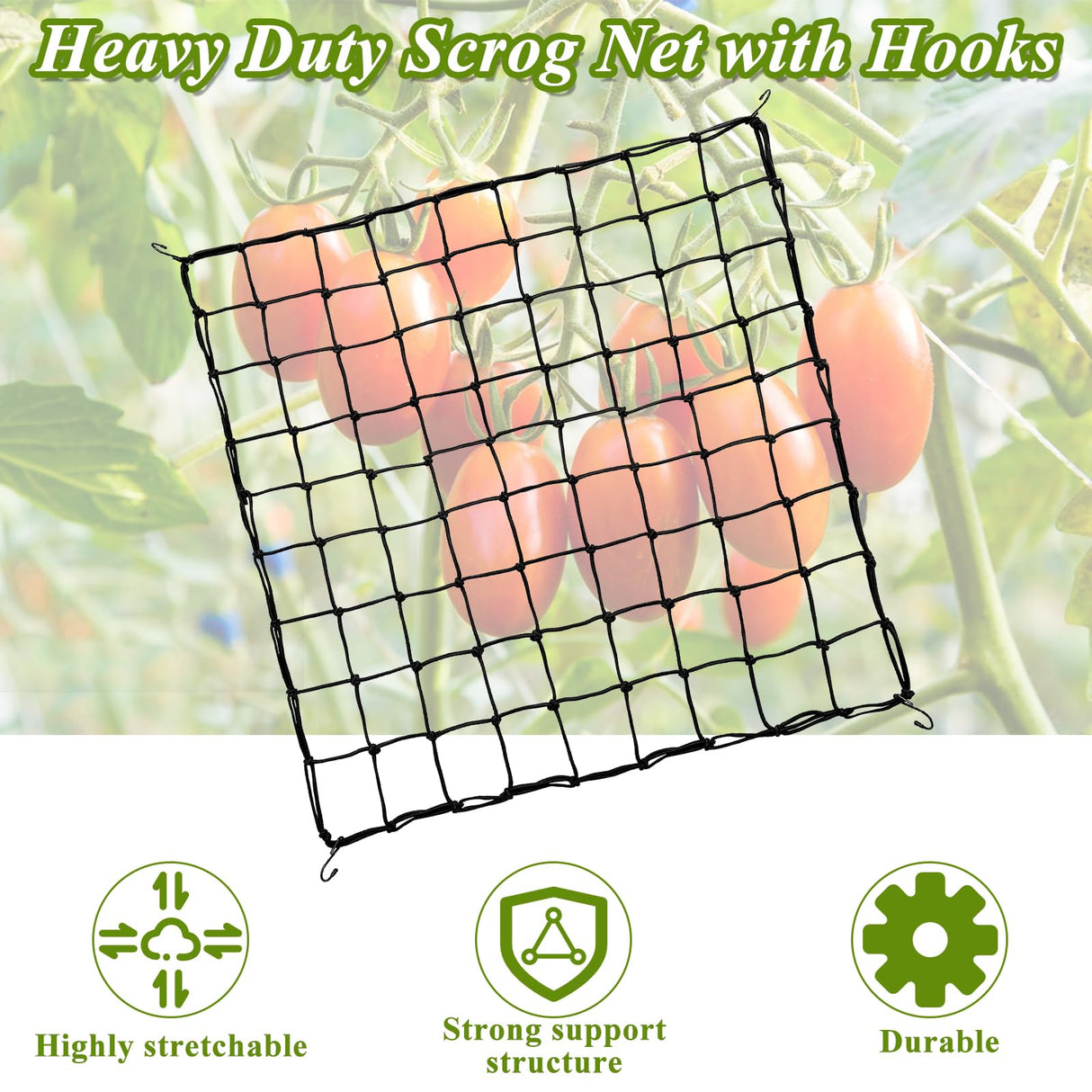 GBACHOOSE 2 Pack 5x5 ft Elastic Trellis Netting for Grow Tent, Heavy Duty Plant Support Net with Steel Hooks and 100 Zip Ties, Black Garden Trellis Net for Tomatoes, Cucumbers, Vines