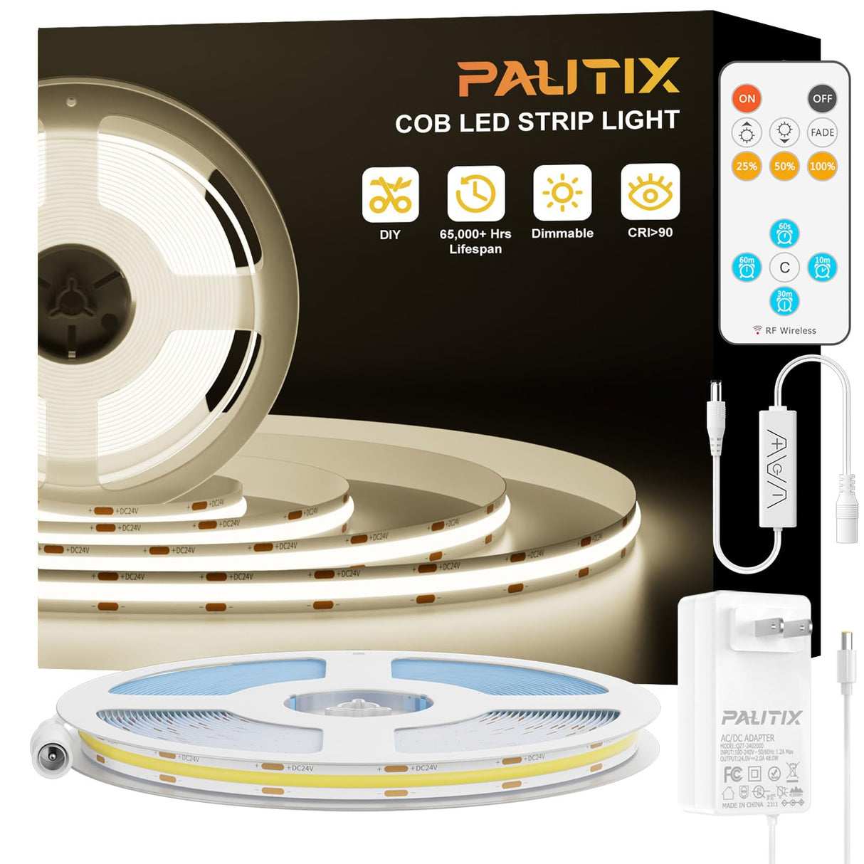 PAUTIX COB LED Strip Lights,UL Listed Dotless LED Lights with RF Remote,16.4ft Natural White 4000K Super Bright Dimmable Flexible Diffused LED Tape Light,Kitchen Cabinet,Office,Stairs,Shelf Lighting