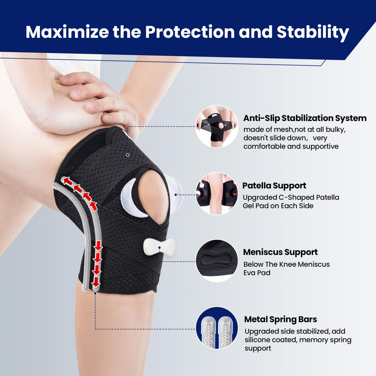 JOMVD Knee Brace for Meniscus Tear, Knee Pain, Adjustable Breathable Knee Support with Side Stabilizers for Knee Pain Arthritis Recovery Joint Support, Women and Men
