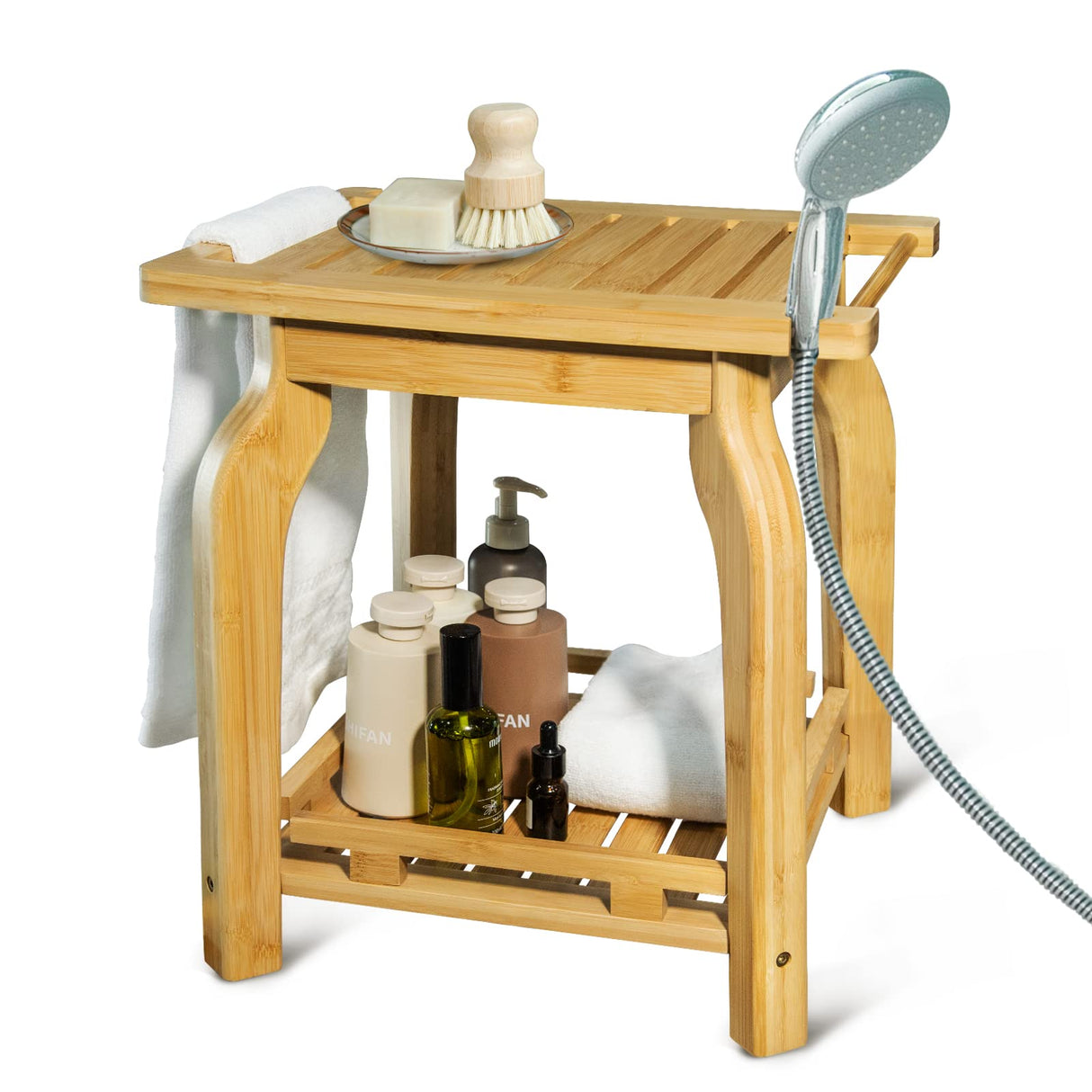 2-Tier Bamboo Shower Bench for Inside Shower Shaving Legs, 16 Inch Waterproof Bathroom Bench Shower Stool with Storage Shelf, Safe & Stable for Seniors Adults Disabled Women