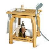 2-Tier Bamboo Shower Bench for Inside Shower Shaving Legs, 16 Inch Waterproof Bathroom Bench Shower Stool with Storage Shelf, Safe & Stable for Seniors Adults Disabled Women