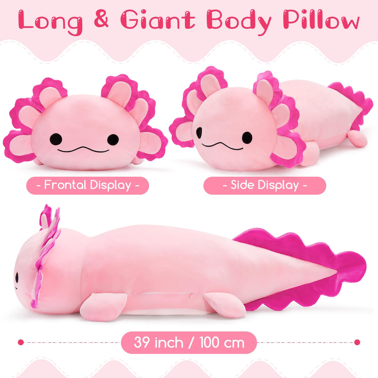 BENINY Large Axolotl Plush Toy, 39" Giant Hot Pink Axolotl Stuffed Animal Plush, Big Huggable Toys Gift for Girls Kids, Long Squishy Pillow for Holiday Birthday Christmas