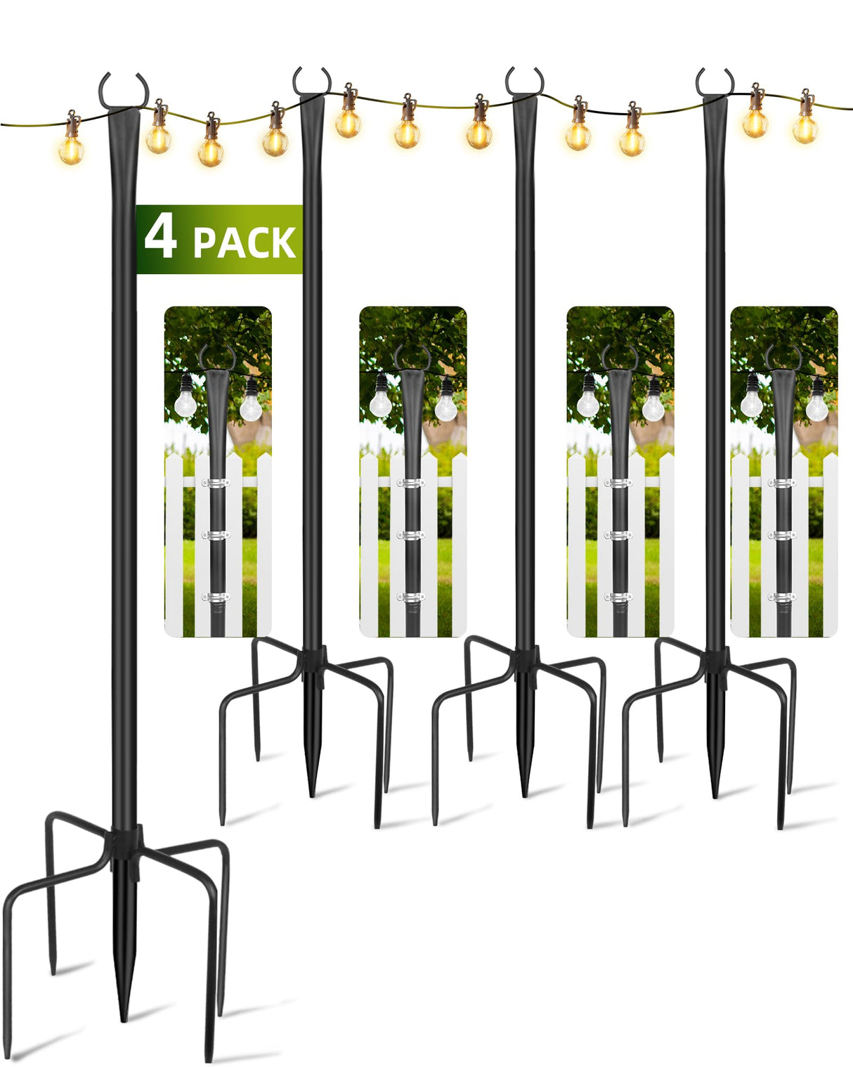 LRYXEG String Light Poles for Outside 4 Pack, 10ft Metal Outdoor String Light Poles for Deck - Ideal for Patio, Garden, Yard, Front Porch Decorations, Black