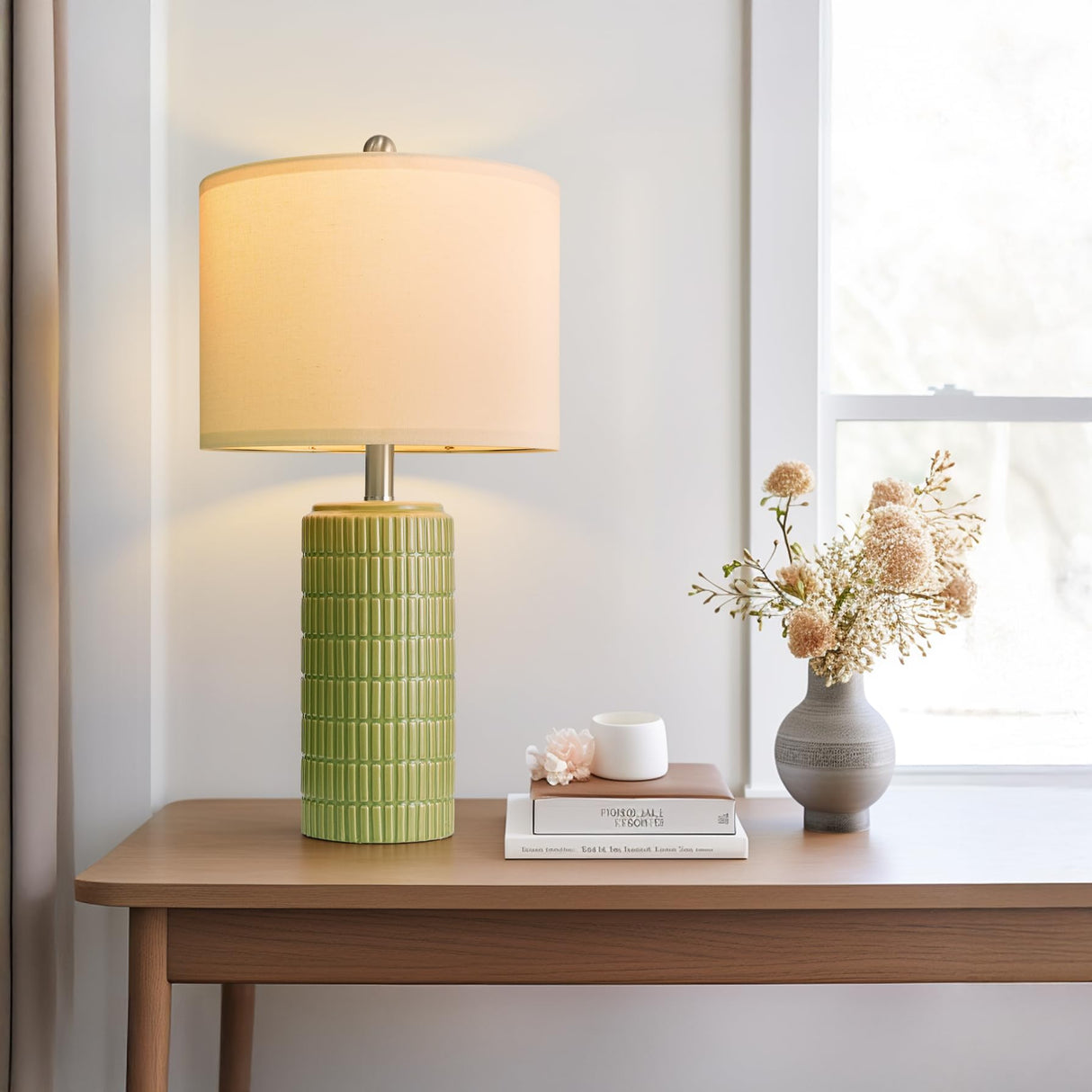 PoKat 23" Green Ceramic Table Lamps Set of 2, Farmhouse Table Lamps for Living Room, Modern Lamps for Bedroom Night Stands, Traditional Nightstand Desk Lamps, Medium