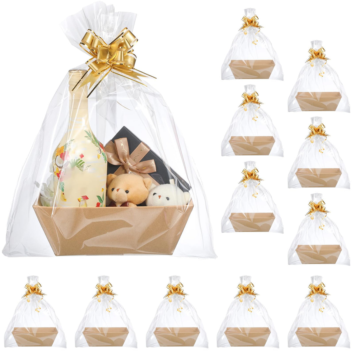 Thenshop 44 Pcs Basket for Gifts Empty Gift Basket Bulk Include 12 Cardboard Tray 12 Plastic Bags and 20 Pull Bows for Christmas Fall Halloween Birthday Wedding Party DIY Wrapping(Solid,Khaki)