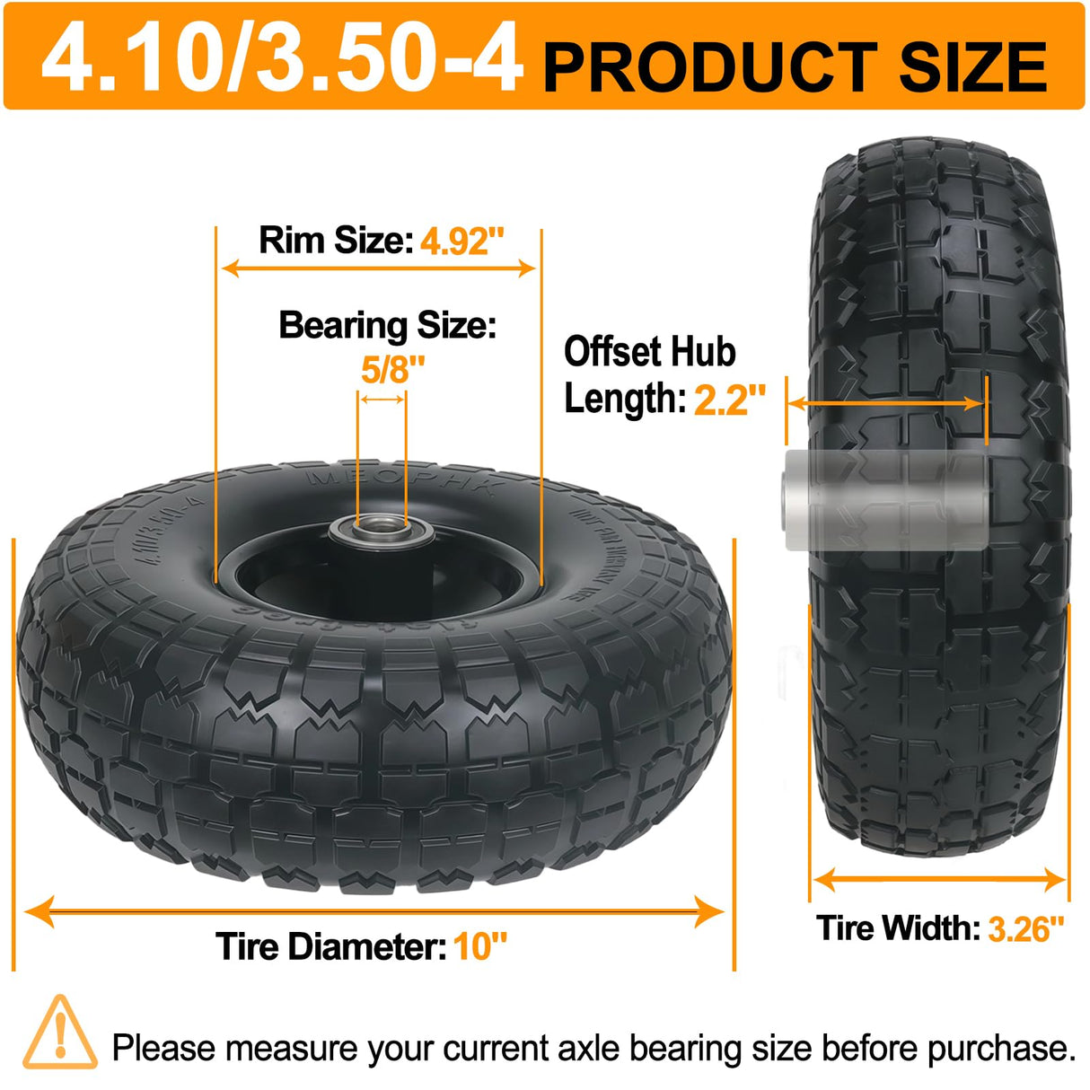 Meophk 4.10/3.50-4 Flat Free Tire and Wheel, 10 Inch Replacement Wheels for Gorilla Cart, Hand Truck, Dolly & Utility Cart, Solid Tire with 5/8" Axle Bore Hole and Double Sealed Bearings, 2 Pack