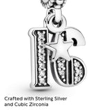 PANDORA 16th Celebration Dangle Charm - Bracelet Charm for PANDORA Moments Bracelets - Sterling Silver with Clear Cubic Zirconia - Gift for Her - Jewelry for Women with Gift Box