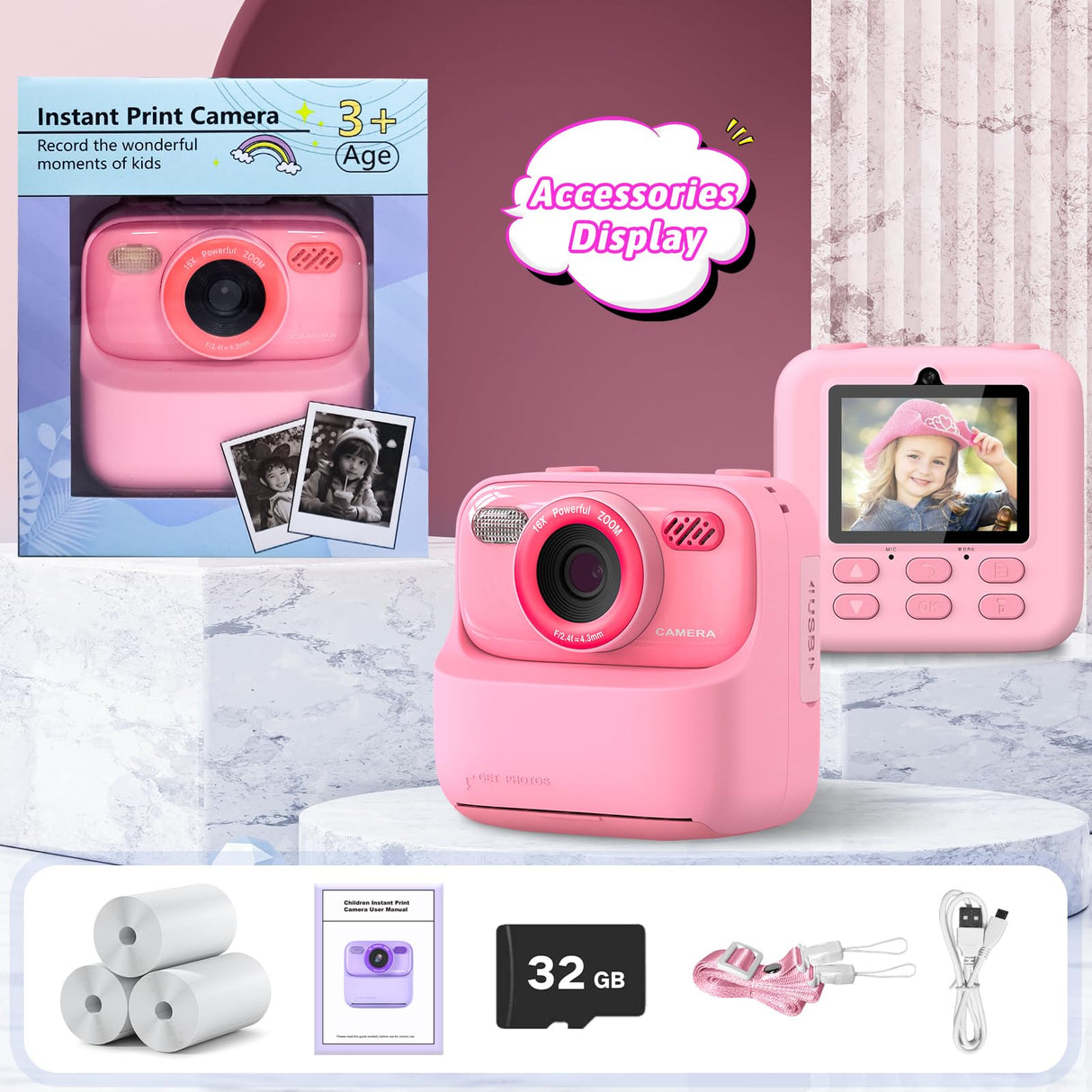 Kids Instant Digital Cameras for Boys and Girls, 1080P HD Dual-Lens Selfie Digital Camera with Print Paper & 32G Card, Christmas Birthday Gifts Toys for Toddler and Teenagers Age 3-16 Years Old
