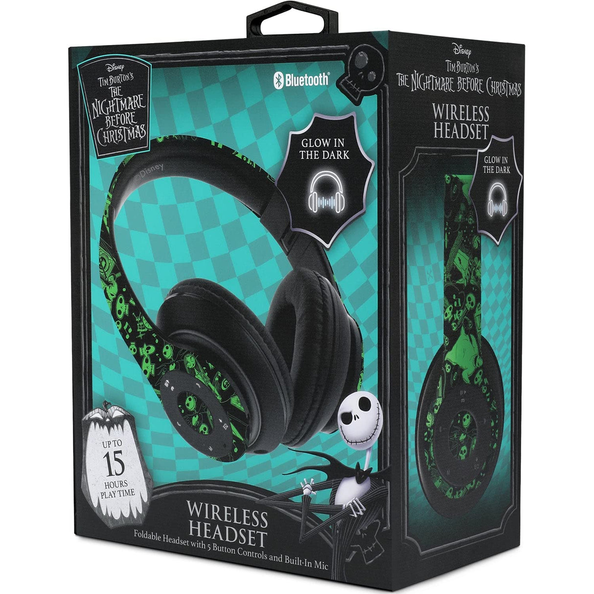 iJoy Disney Nightmare Before Christmas Glow in The Dark Bluetooth Headphones Over Ear, Wireless and Wired Foldable Headset Built-in Microphone - Tim Burton Jack Skellington & Sally - Adults Kids