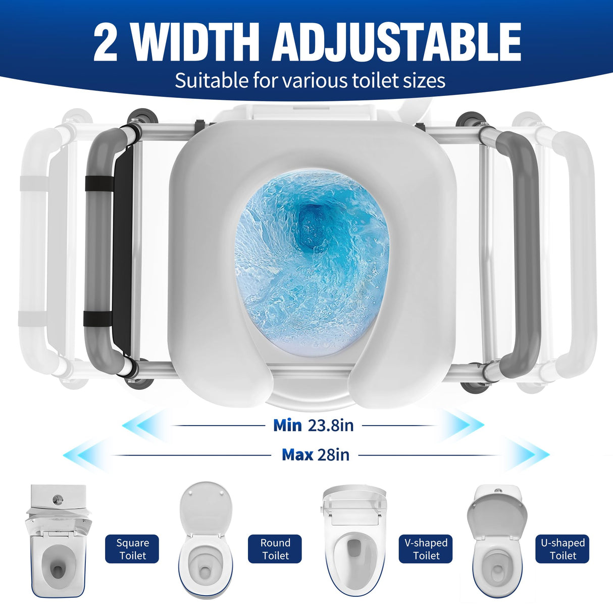 Raised Toilet Seat with Handles, Height and Width Adjustable FSA/HSA Eligible Toilet Seat Risers for Seniors 400lb Cozy Padded Raised Toilet Seat for Elderly, Handicap and Disabled Silver