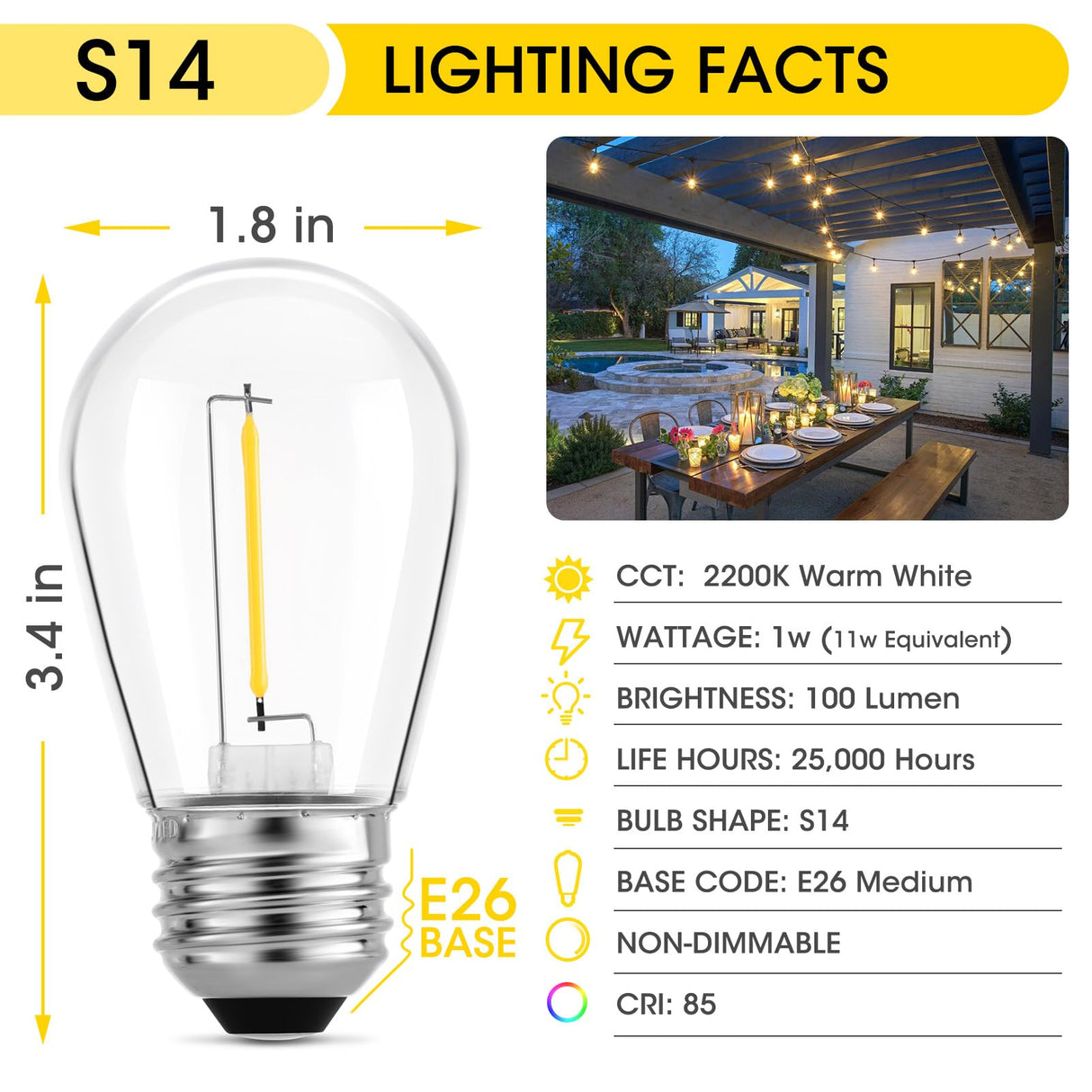 Meconard 36 Pack S14 LED Bulbs for Outdoor String Lights, Shatterproof Replacement Edison Bulbs for Patio String Lights Outdoor Waterproof, Warm White 2200K, Non-Dimmable, E26 Standard Base