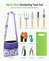 Grenebo Gardening Tools Set, 11-Piece Rust-Proof Kit with Bag, Purple