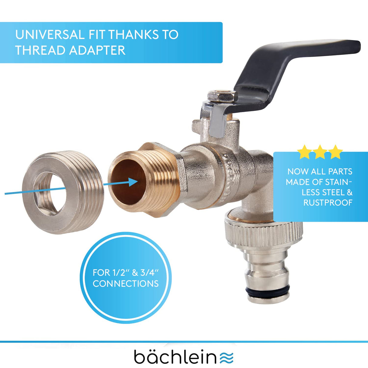 Bächlein Universal Water Tap for the Garden [Anthracite] incl. 2 Hose Connections - Noble Ball Valve with 1/2 and 3/4 Inch Connection, Outlet Tap Outside