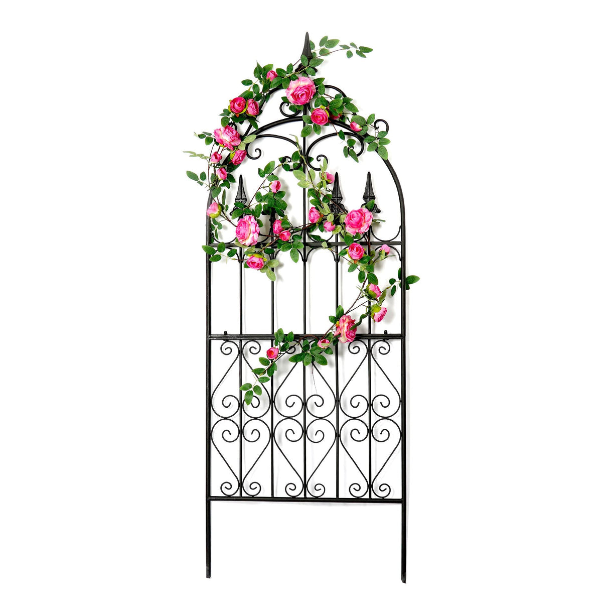 SCENDOR Garden Trellis for Climbing Plants, 60" H x 21.7" W Heavy Duty Metal Trellis, 5FT Rustproof Black Iron Vine Support Trellis with Ground Stakes, Decorative Cupid Arrow Design for Roses, Vines
