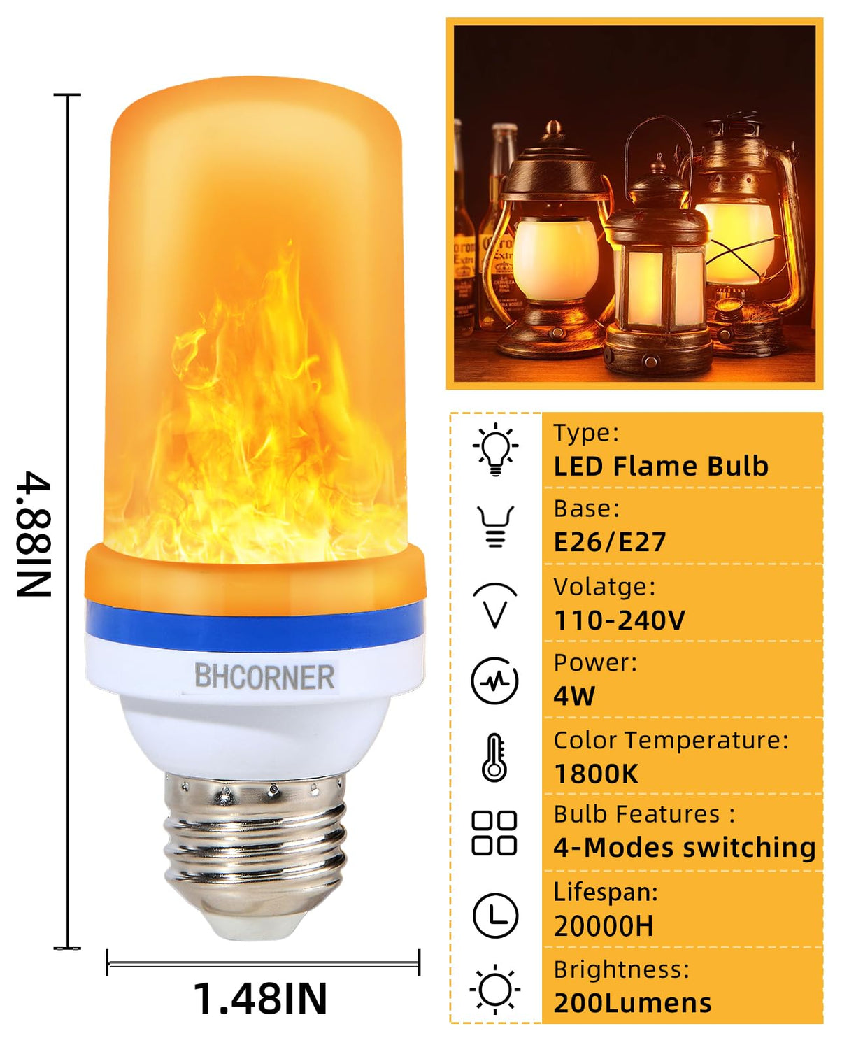 BHCORNER [Upgraded] LED Flame Effect Light Bulbs - Halloween Decorations Outdoor Light Bulb,E27 Base Christmas Flickering Light Bulbs Outdoor,Halloween Decorations Night fire Light Bulb (4 Pack)