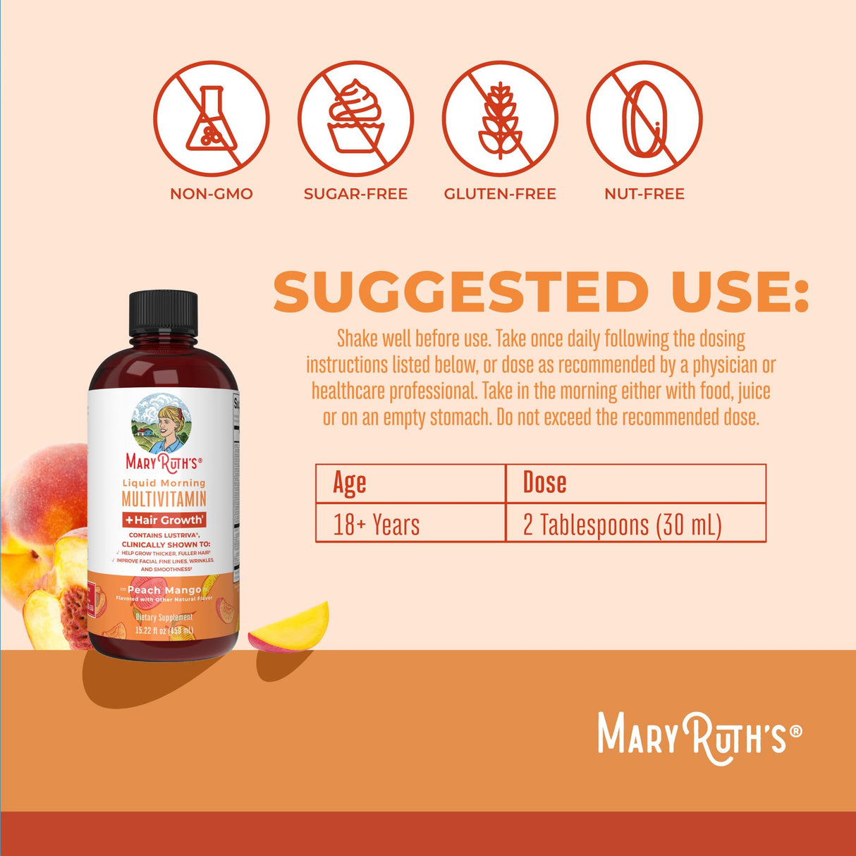 MaryRuth Organics Liquid Multivitamin + Hair Growth | Biotin 10000mcg | Lustriva Hair Growth Supplement | Clinically Tested in Women for Thicker Hair & Facial Wrinkle | Skin Care | 18+ | 15.22 Fl Oz