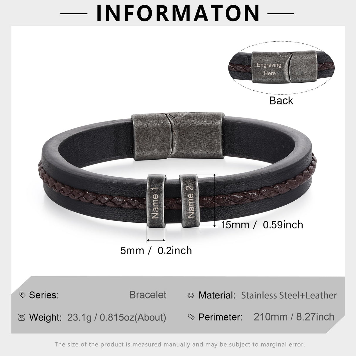 Personalized Custom Name Bracelets for Men - Mens Leather Bracelet with 2-5 Kids Names Customized Gifts for Dad Husband Son (2 names)