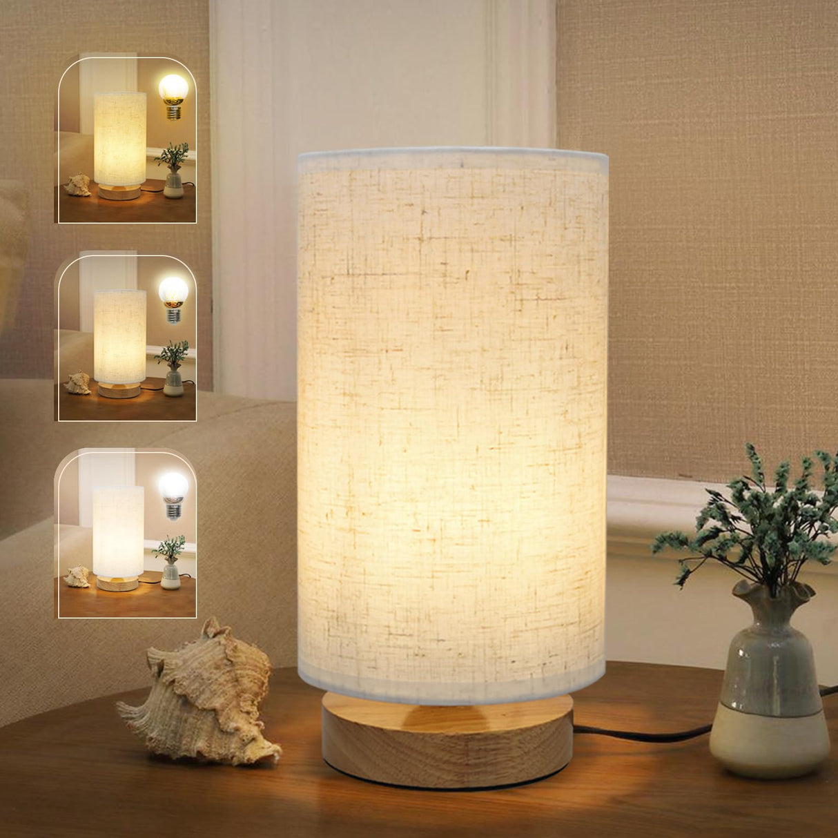 6.3in Bedside Table Lamp for Bedroom, Minimalist Nightstand Lamp with Round Fabric Linen Shade,Study Reading Desk Lamp for Kids Room, Night Table Lamp for Living Room, College Dorm, Home, Office