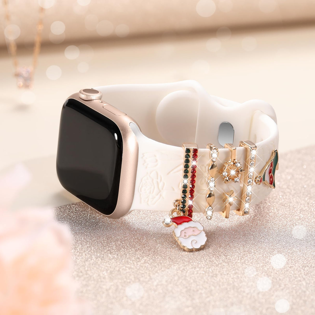 DaQin Christmas Engraved Band Compatible with Apple Watch Bands for Women 40mm 38mm 41mm 42mm,Soft Silicone Strap With Dressy Decorative Apple Watch Charms for iWatch Series 11 10 9 8 7 6 5 4 3 2 1 SE