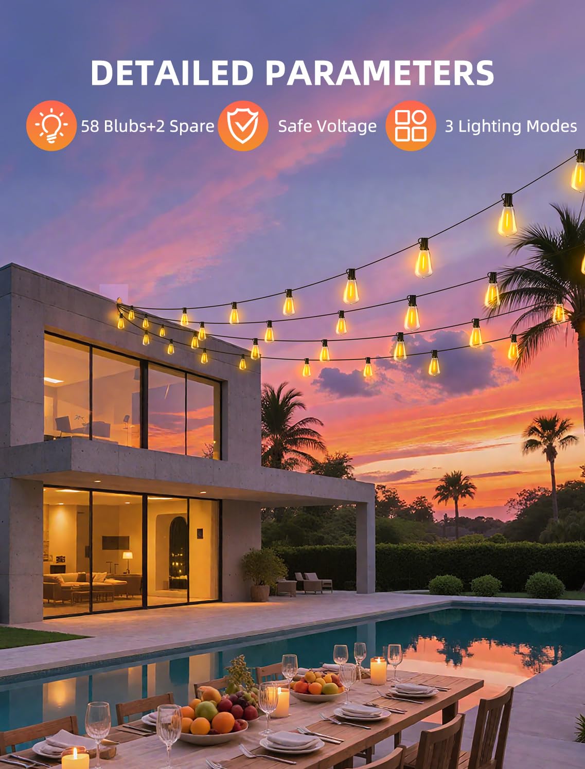 VOZUJI Outdoor Patio String Lights: 150Ft 45M Outside Waterproof Light - Remote Dimmable ST38 Shatterproof Bulb Connectable Hanging Outdoor Electric Lighting - Backyard Yard Gazebo Porch Party