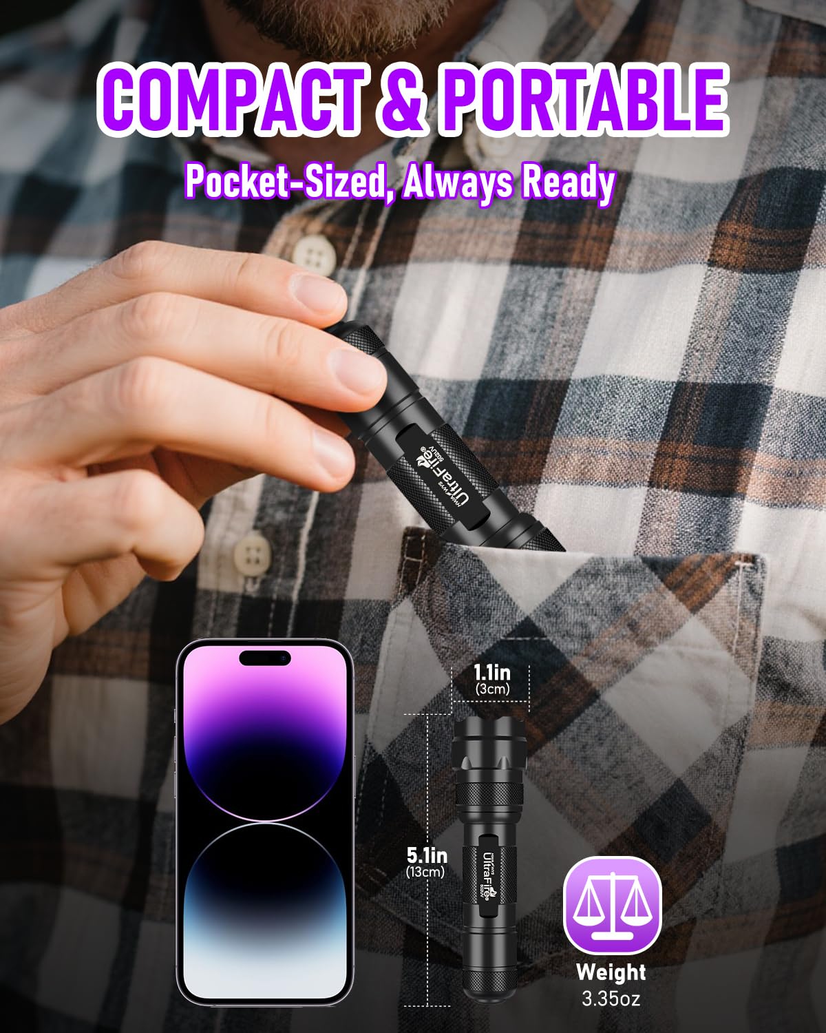 ULTRAFIRE UV Flashlight 395-405 nm Led Blacklight for Curing UV Glue, Leak Detector, Pet Urine Stain