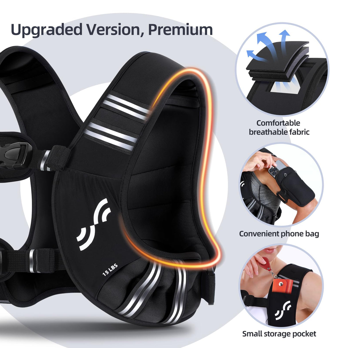 Weighted Vest for Men and Women: Sportneer 15lbs Weight Vest with Reflective Stripe Running Vest with Large Pocket for Cardio Workout Strength Training Fitness Muscle Building Weight Loss Weightlifting Black