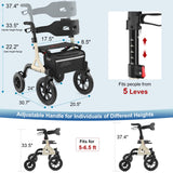 MAXWALK Walkers for Seniors, Rollator Walker with Seat, 12" Big Rubber Wheels All Terrain Rollator Walker with Backrest, Built-in Cable, Cup Holder, Foldable and Height Adjustment for Seniors, Gold