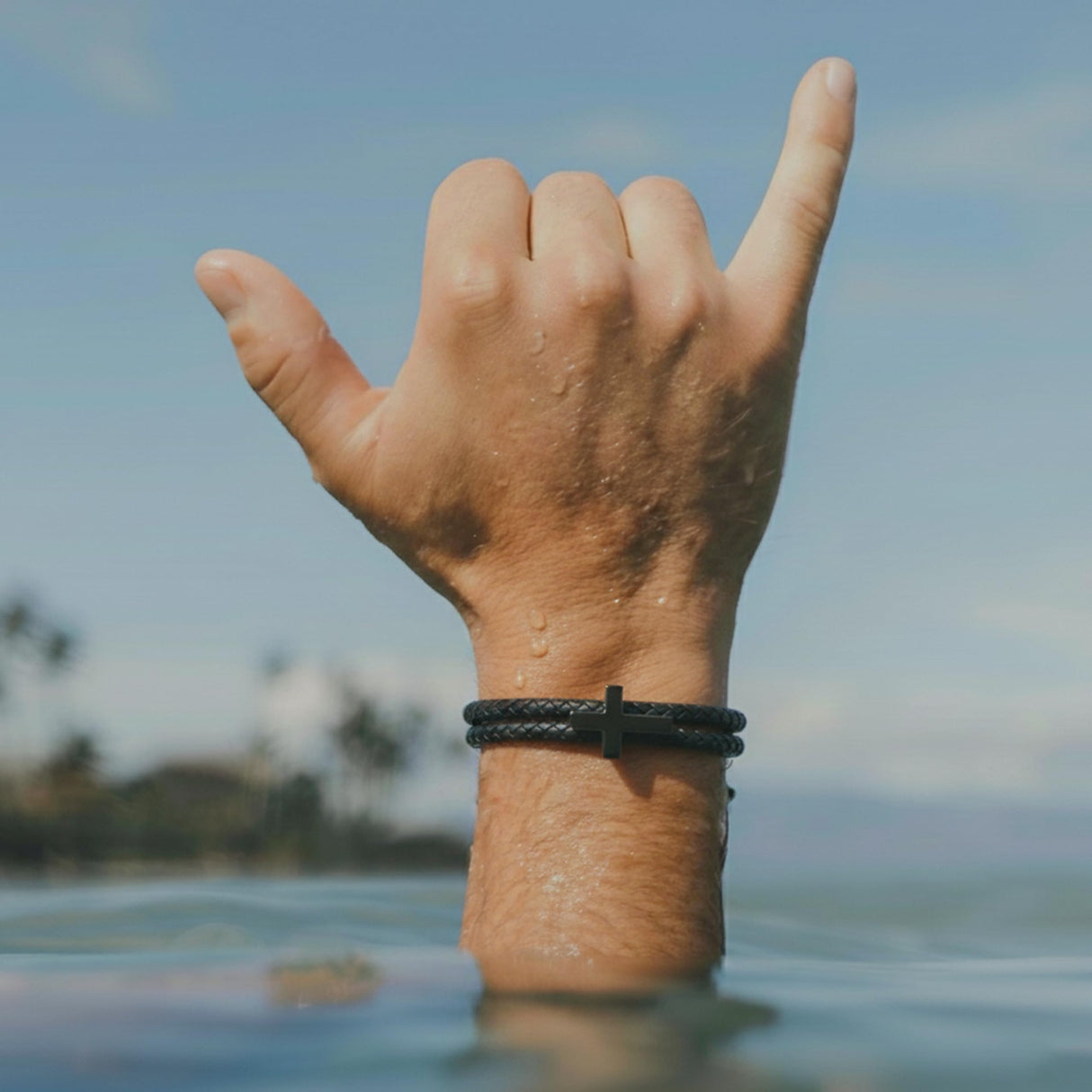 Rowdy Parrot FlexTech™ Adjustable Silicone Braided Rope Bracelet for Men - Waterproof, Sweatproof, One Size Fits All - Featuring Religious Christian Jesus Cross Design (Black Sand | Black Lagoon)