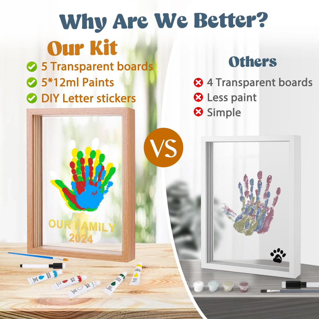 Bixinyo Family Handprint Kit - Baby Hand and Footprint Kit, Adoption Gifts, Family Gifts for New Parents, Christmas, New Mom, DIY Craft Keepsake Wooden Frame, 5 Non-Toxic Paints (Brown)