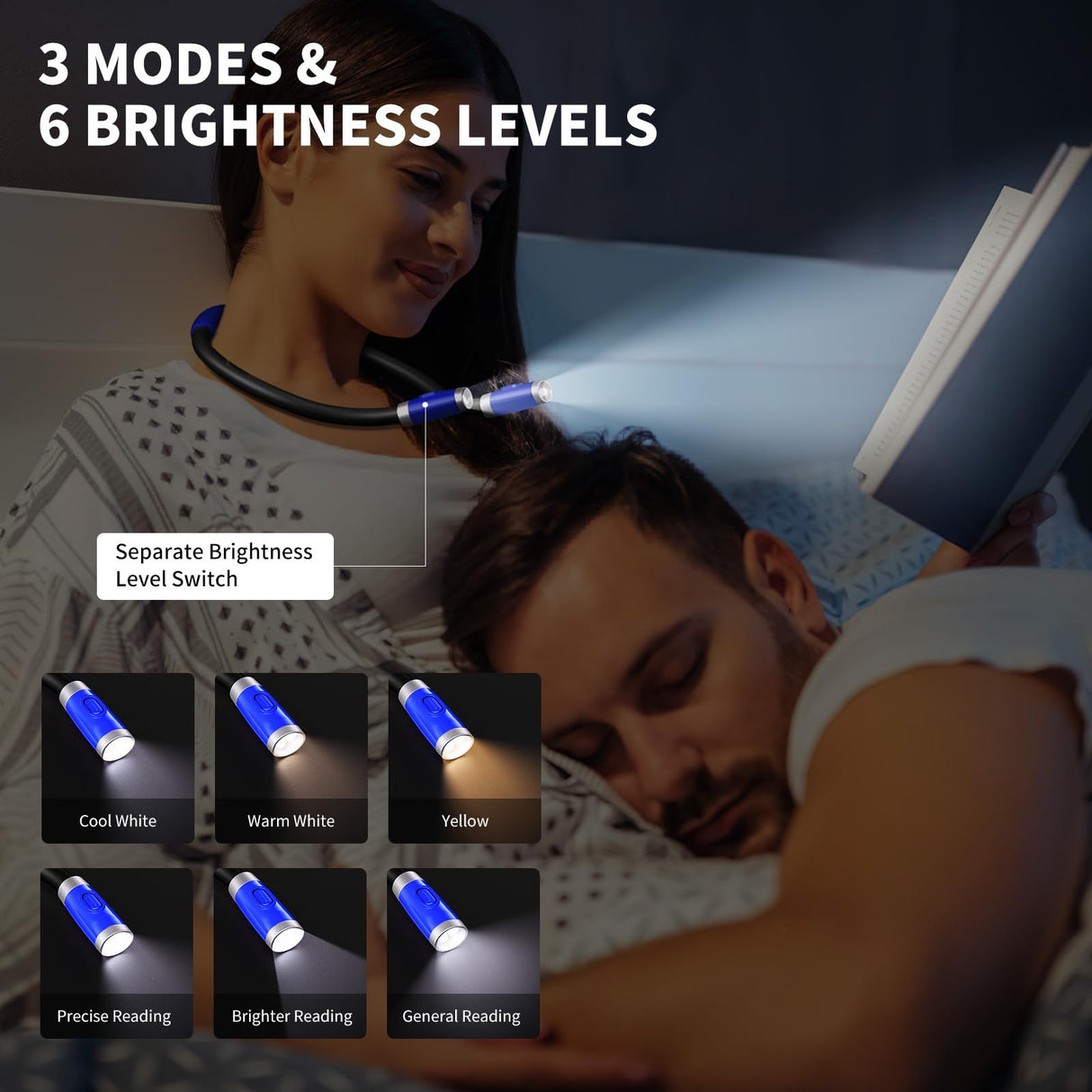 Stocking Stuffers for Men, Women, Teens, Kids & Adults - Neck Reading Light & Book Lights - 3 Color & 6 Brightness, Flexible Arm, 80H Rechargeable - Christmas Gift White Elephant Gifts for Book Lovers