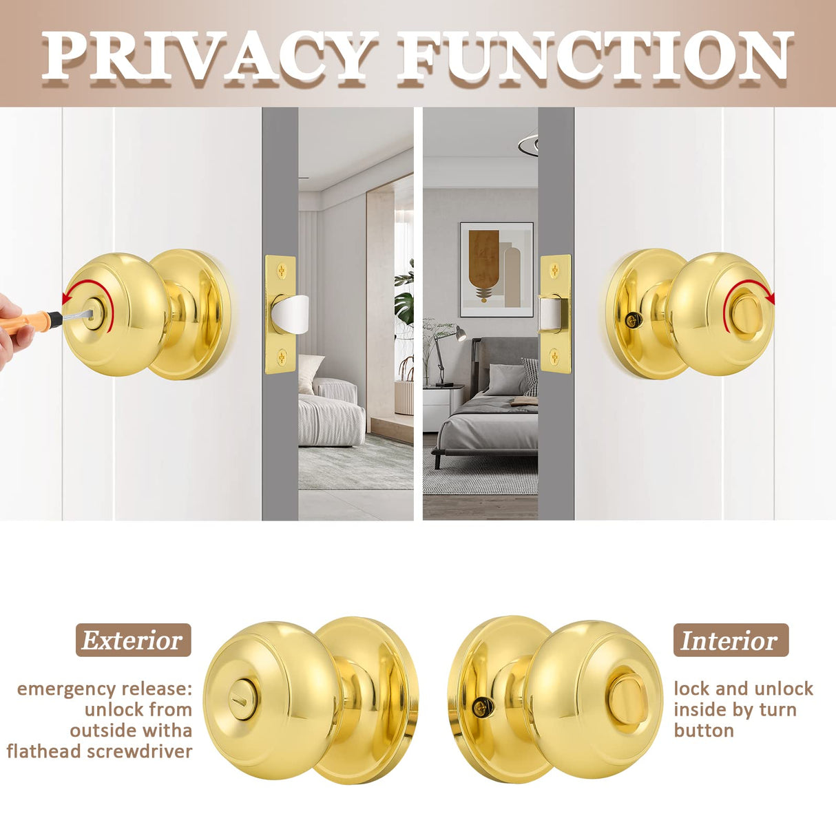 Probrico Privacy Door Knobs Lock Interior Bedroom Bathroom Door Handle Polished Brass Round Ball Keyless Lockset 5 Pack
