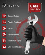 NEOTRIL 8 Mil Heavy Duty Disposable Nitrile Gloves with Raised Diamond Texture Grip Rubber Gloves, Latex & Powder Free Mechanic Gloves for Household Cleaning, Black | 200 Pcs