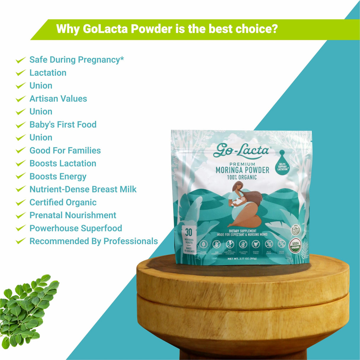 Go-Lacta® Super Moringa Powder: Boost Breast Milk Naturally! 30 3g Packets of Pure Organic Moringa - Perfect for Moms, 100% Vegan